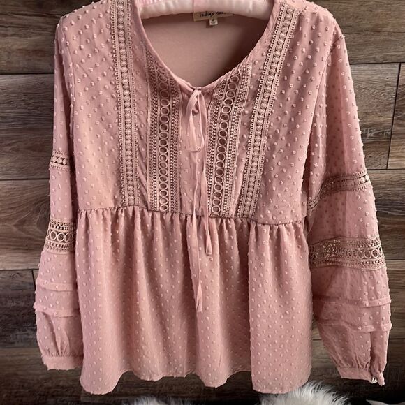 Indigo Soul Ladies Dusty Pink Boho Peasant Style Crochet Lace Blouse Size Medium - Picture 2 of 9